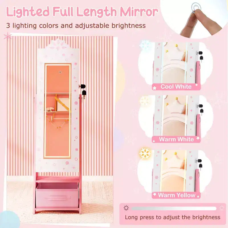 Costway Kids Jewelry Armoire with 3-Color Lighted Full Length Mirror & Inside Led Lights White/Pink