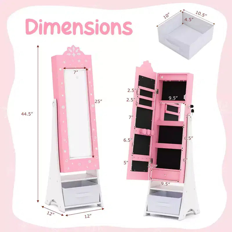 Costway Kids Jewelry Armoire with 3-Color Lighted Full Length Mirror & Inside Led Lights White/Pink