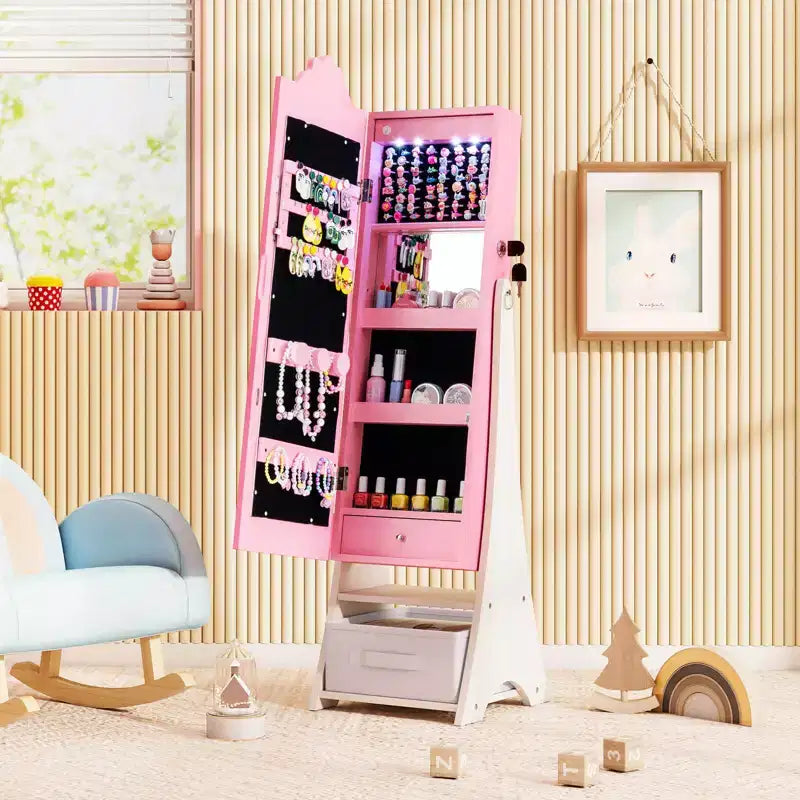 Costway Kids Jewelry Armoire with 3-Color Lighted Full Length Mirror & Inside Led Lights White/Pink