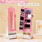 Costway Kids Jewelry Armoire with 3-Color Lighted Full Length Mirror & Inside Led Lights White/Pink