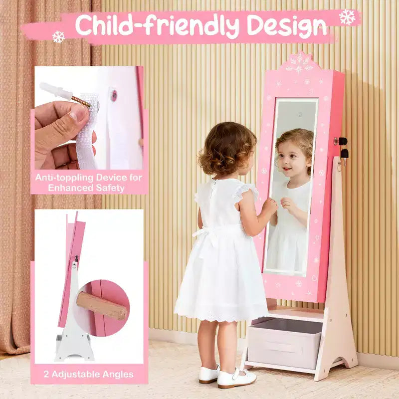 Costway Kids Jewelry Armoire with 3-Color Lighted Full Length Mirror & Inside Led Lights White/Pink