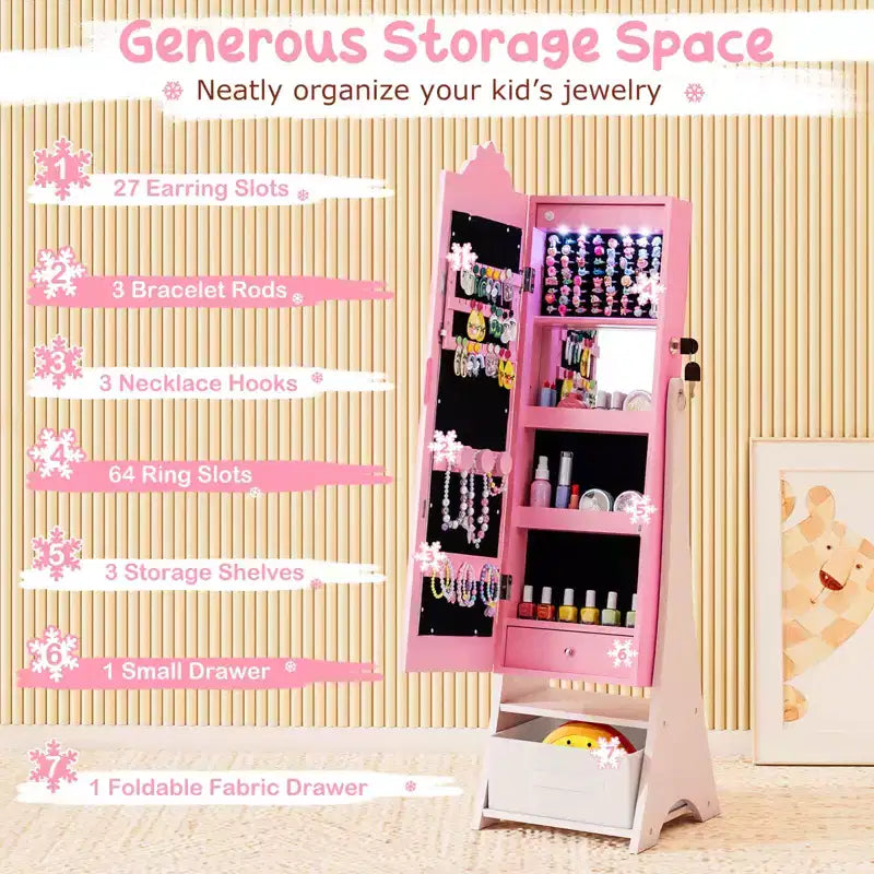 Costway Kids Jewelry Armoire with 3-Color Lighted Full Length Mirror & Inside Led Lights White/Pink