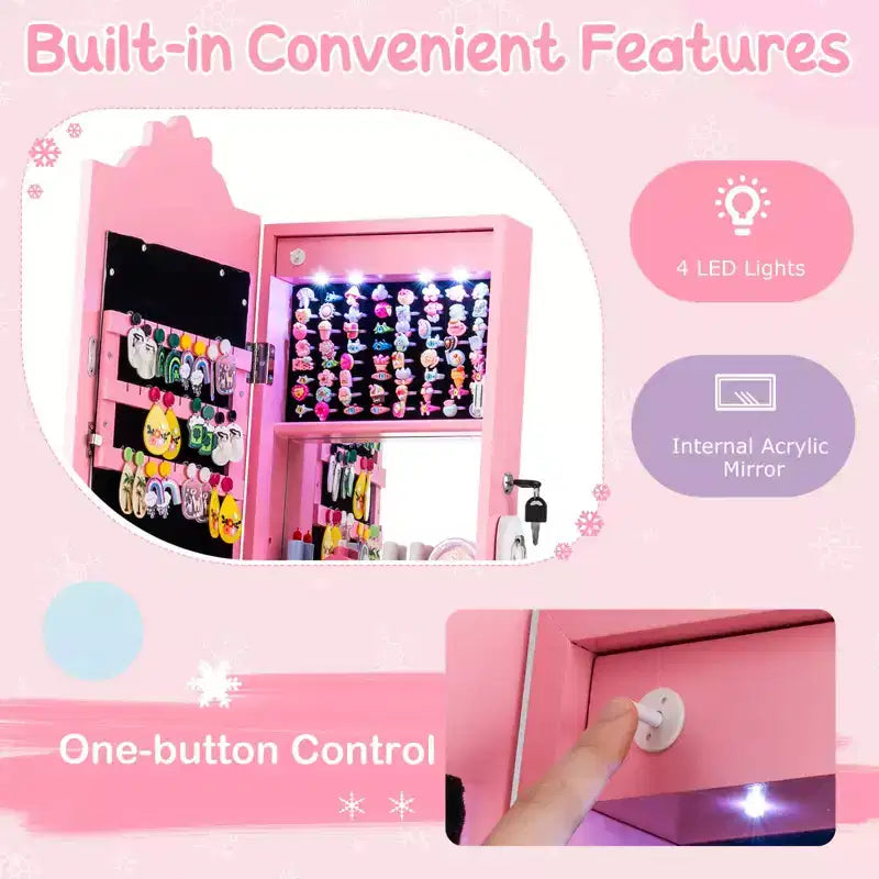 Costway Kids Jewelry Armoire with 3-Color Lighted Full Length Mirror & Inside Led Lights White/Pink