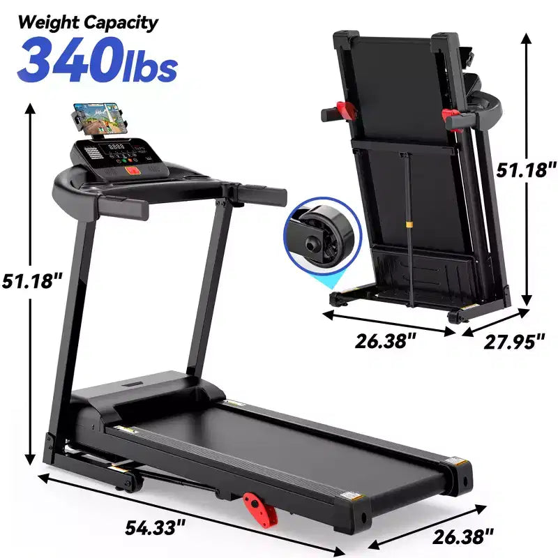 12% Incline Treadmill with Handle, 3.45HP Portable Treadmills for Home, Foldable Treadmills with 340 LBS Capacity, 3-in-1 Quiet Walking Pad Treadmill