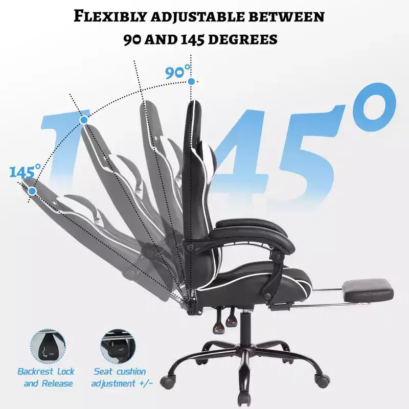 PU Gaming Chair with Reclining Backrest and Retractable Footrest, High Back Swivel Computer Desk Chair for Gamers & Home Office-Panipeachy