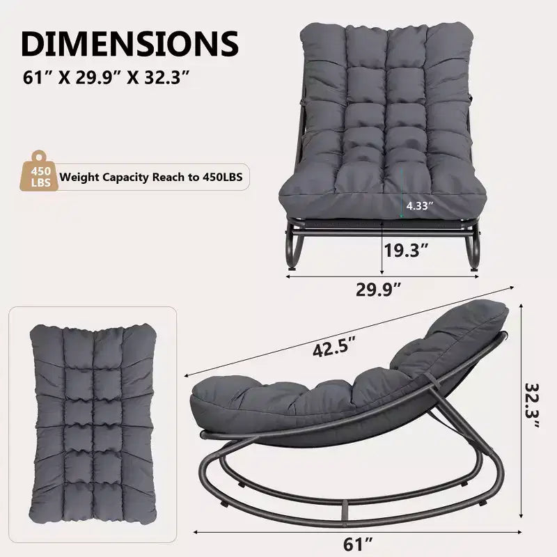 2 fauteuils Papasan à bascule d'extérieur, fauteuils de détente confortables avec coussins amovibles, cadre en métal, assise rembourrée pour terrasse, jardin, salon