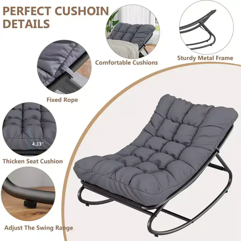 2 fauteuils Papasan à bascule d'extérieur, fauteuils de détente confortables avec coussins amovibles, cadre en métal, assise rembourrée pour terrasse, jardin, salon