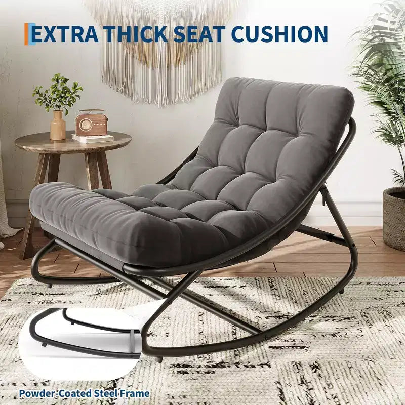 2PCS Oversized Papasan Rocking Chair, Modern Egg Chair with Plush Cushion, Sturdy Indoor Lounge Recliner for Living Room, Bedroom & Covered Porch