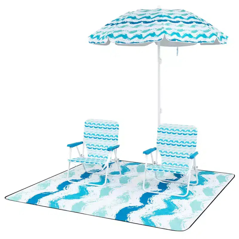 Costway 4 PCS Beach Umbrella Set with 2 Foldable Chairs & Picnic Blanket, Tilt Mechanism Blue/Pink