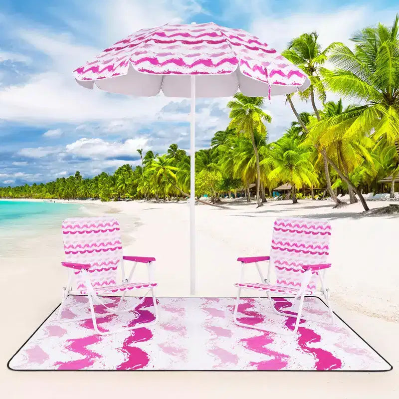 Costway 4 PCS Beach Umbrella Set with 2 Foldable Chairs & Picnic Blanket, Tilt Mechanism Blue/Pink