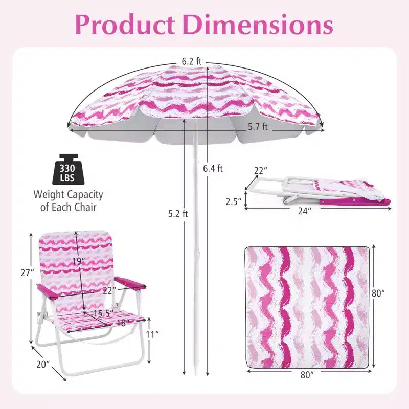 Costway 4 PCS Beach Umbrella Set with 2 Foldable Chairs & Picnic Blanket, Tilt Mechanism Blue/Pink