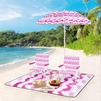 Costway 4 PCS Beach Umbrella Set with 2 Foldable Chairs & Picnic Blanket, Tilt Mechanism Blue/Pink