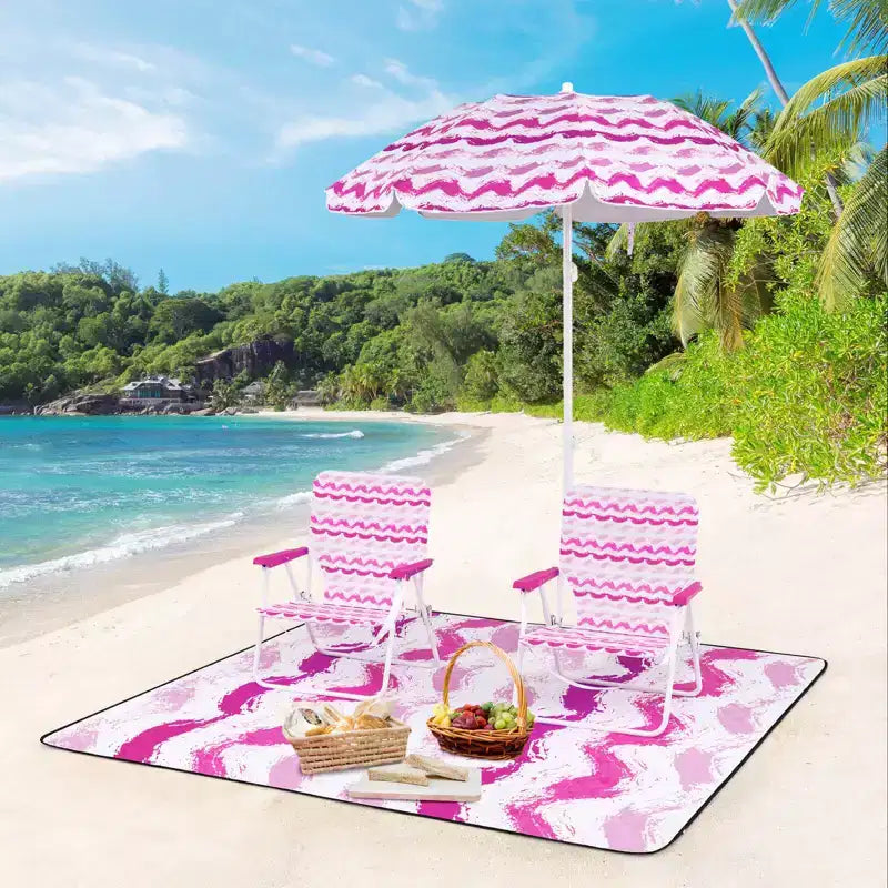 Costway 4 PCS Beach Umbrella Set with 2 Foldable Chairs & Picnic Blanket, Tilt Mechanism Blue/Pink