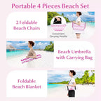 Costway 4 PCS Beach Umbrella Set with 2 Foldable Chairs & Picnic Blanket, Tilt Mechanism Blue/Pink