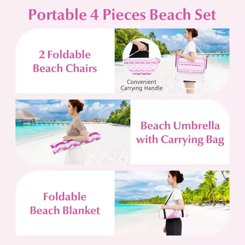 Costway 4 PCS Beach Umbrella Set with 2 Foldable Chairs & Picnic Blanket, Tilt Mechanism Blue/Pink