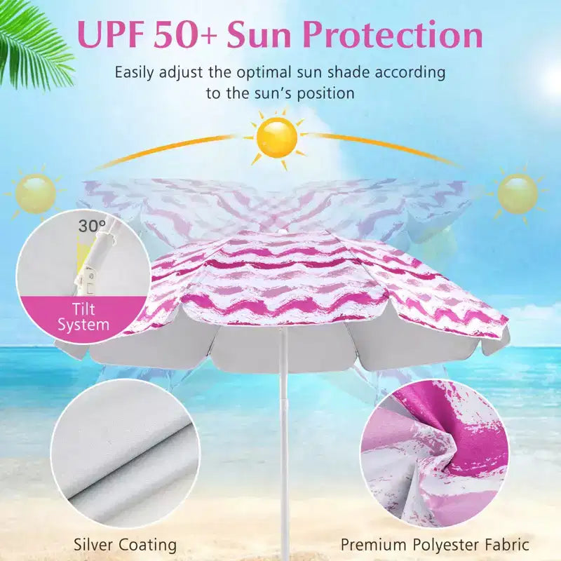 Costway 4 PCS Beach Umbrella Set with 2 Foldable Chairs & Picnic Blanket, Tilt Mechanism Blue/Pink