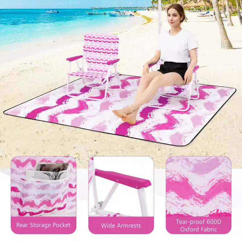 Costway 4 PCS Beach Umbrella Set with 2 Foldable Chairs & Picnic Blanket, Tilt Mechanism Blue/Pink