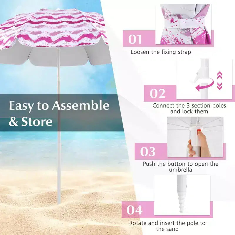 Costway 4 PCS Beach Umbrella Set with 2 Foldable Chairs & Picnic Blanket, Tilt Mechanism Blue/Pink