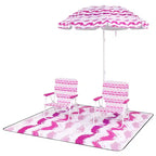 Costway 4 PCS Beach Umbrella Set with 2 Foldable Chairs & Picnic Blanket, Tilt Mechanism Blue/Pink