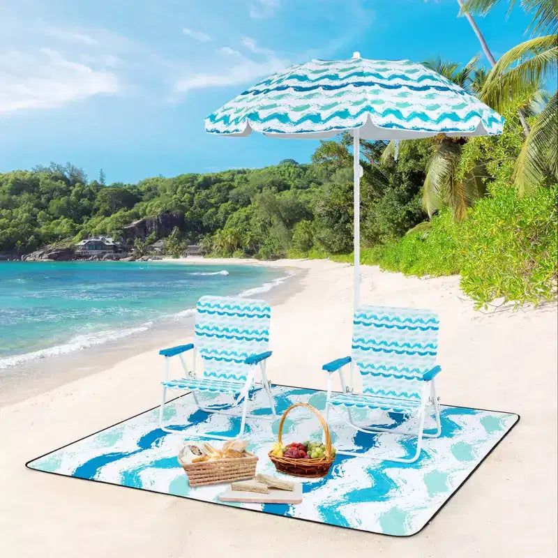 Costway 4 PCS Beach Umbrella Set with 2 Foldable Chairs & Picnic Blanket, Tilt Mechanism Blue/Pink