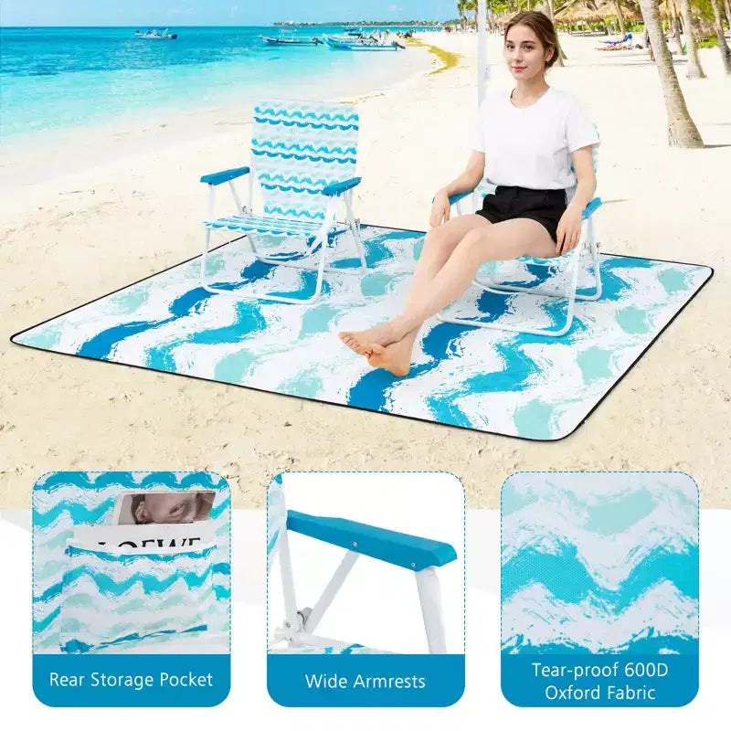 Costway 4 PCS Beach Umbrella Set with 2 Foldable Chairs & Picnic Blanket, Tilt Mechanism Blue/Pink