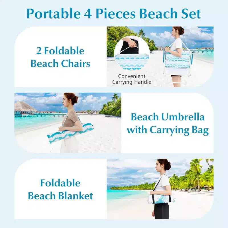 Costway 4 PCS Beach Umbrella Set with 2 Foldable Chairs & Picnic Blanket, Tilt Mechanism Blue/Pink