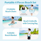 Costway 4 PCS Beach Umbrella Set with 2 Foldable Chairs & Picnic Blanket, Tilt Mechanism Blue/Pink