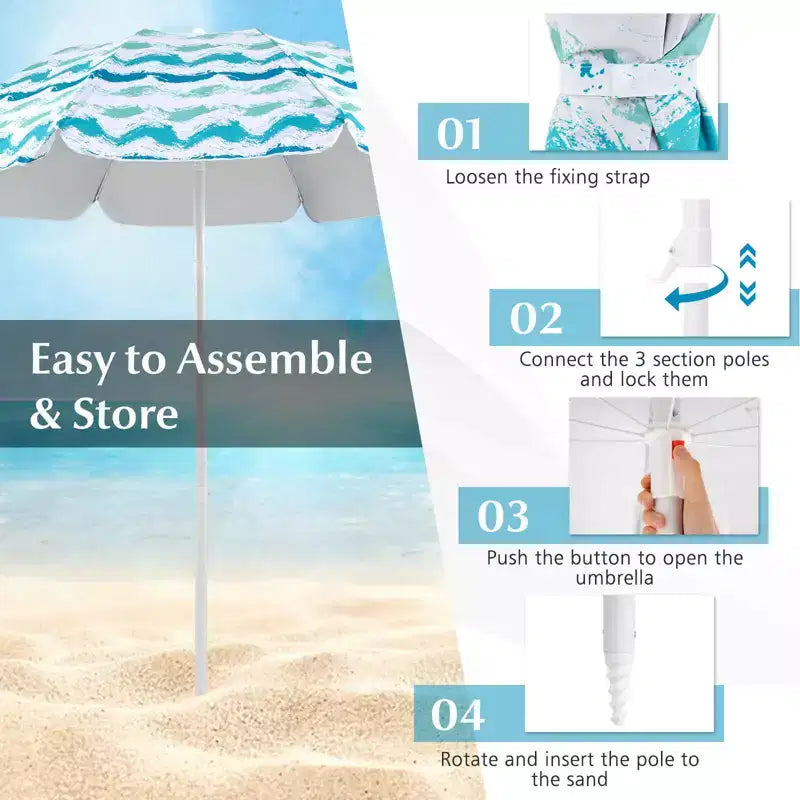 Costway 4 PCS Beach Umbrella Set with 2 Foldable Chairs & Picnic Blanket, Tilt Mechanism Blue/Pink