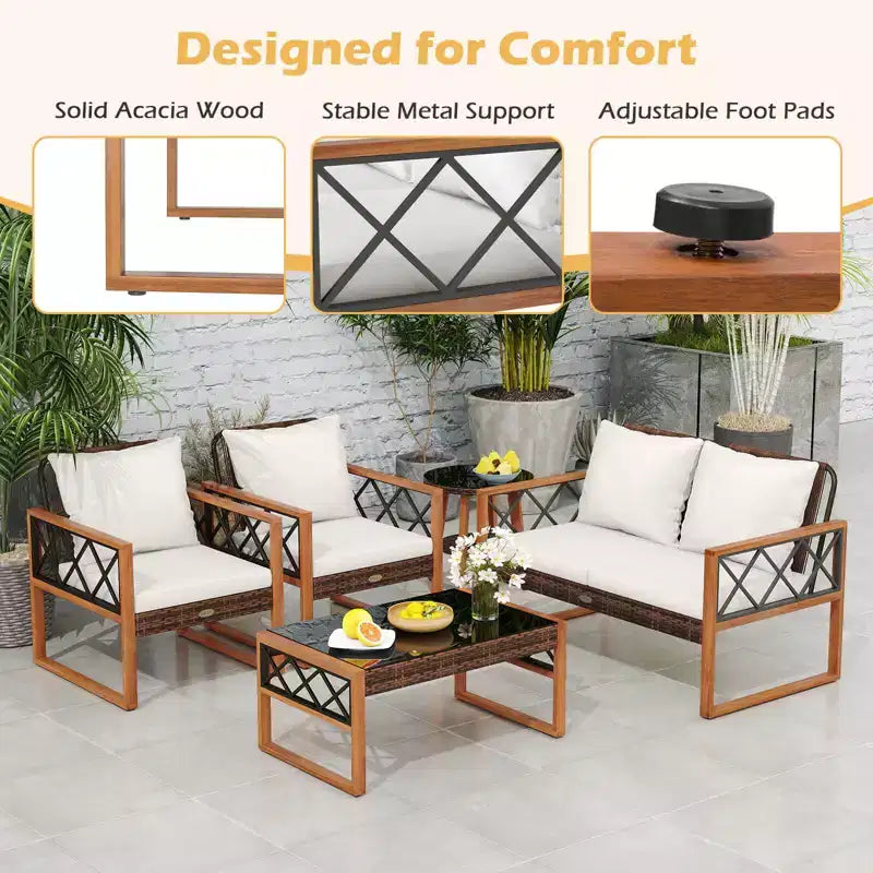 Costway 5 PCS PE Wicker Patio Furniture Set with Acacia Wood Frame Cushions for Deck Garden Mix Brown + Off-White