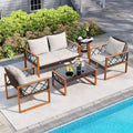 Costway 5 PCS PE Wicker Patio Furniture Set with Acacia Wood Frame Cushions for Deck Garden Mix Brown + Off-White