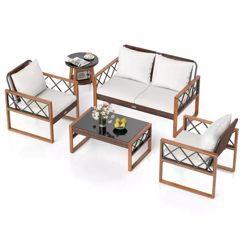 Costway 5 PCS PE Wicker Patio Furniture Set with Acacia Wood Frame Cushions for Deck Garden Mix Brown + Off-White