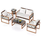 Costway 5 PCS PE Wicker Patio Furniture Set with Acacia Wood Frame Cushions for Deck Garden Mix Brown + Off-White