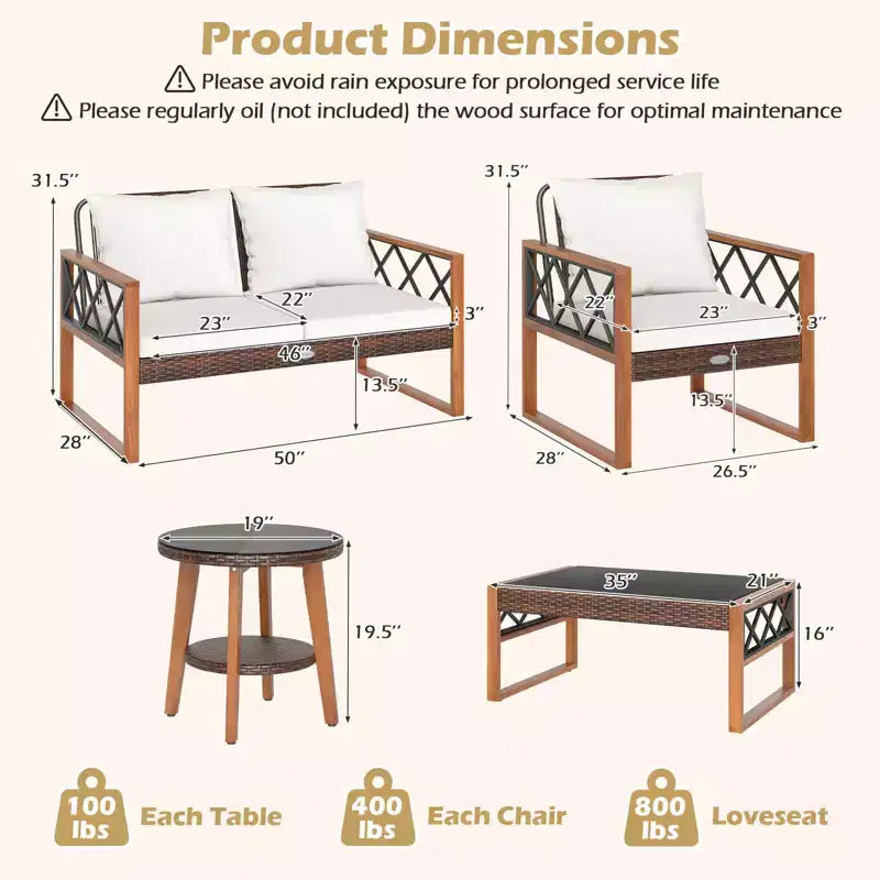 Costway 5 PCS PE Wicker Patio Furniture Set with Acacia Wood Frame Cushions for Deck Garden Mix Brown + Off-White