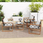 Costway 5 PCS PE Wicker Patio Furniture Set with Acacia Wood Frame Cushions for Deck Garden Mix Brown + Off-White