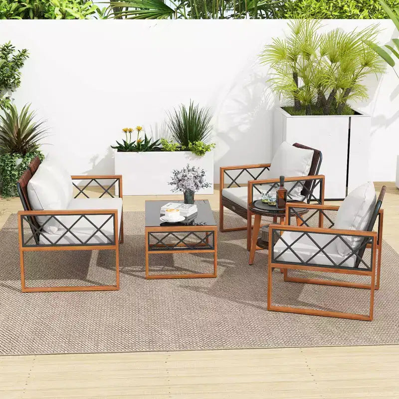 Costway 5 PCS PE Wicker Patio Furniture Set with Acacia Wood Frame Cushions for Deck Garden Mix Brown + Off-White