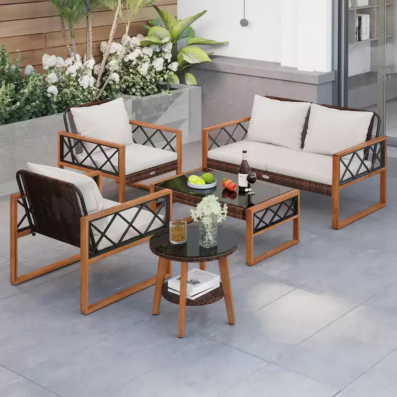 Costway 5 PCS PE Wicker Patio Furniture Set with Acacia Wood Frame Cushions for Deck Garden Mix Brown + Off-White