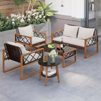 Costway 5 PCS PE Wicker Patio Furniture Set with Acacia Wood Frame Cushions for Deck Garden Mix Brown + Off-White