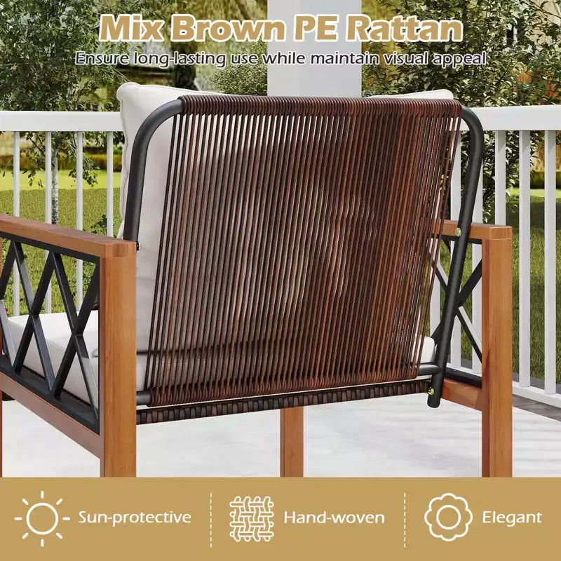Costway 5 PCS PE Wicker Patio Furniture Set with Acacia Wood Frame Cushions for Deck Garden Mix Brown + Off-White