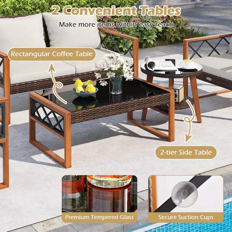 Costway 5 PCS PE Wicker Patio Furniture Set with Acacia Wood Frame Cushions for Deck Garden Mix Brown + Off-White