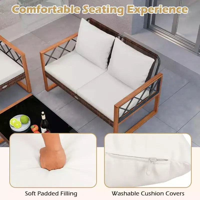 Costway 5 PCS PE Wicker Patio Furniture Set with Acacia Wood Frame Cushions for Deck Garden Mix Brown + Off-White