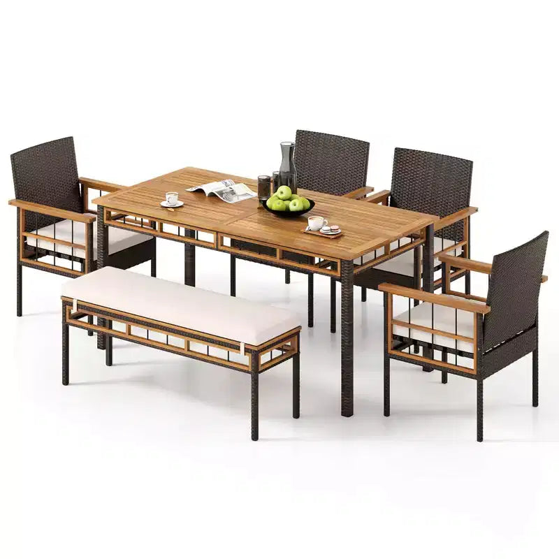 Costway Ensemble de 6 pièces en bois d'acacia : table, banc sans dossier, 4 fauteuils avec trou pour parasol de 5 cm et coussins