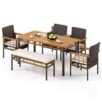 Costway Ensemble de 6 pièces en bois d'acacia : table, banc sans dossier, 4 fauteuils avec trou pour parasol de 5 cm et coussins