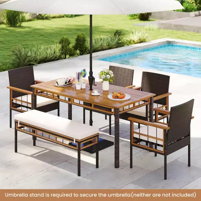Costway Ensemble de 6 pièces en bois d'acacia : table, banc sans dossier, 4 fauteuils avec trou pour parasol de 5 cm et coussins