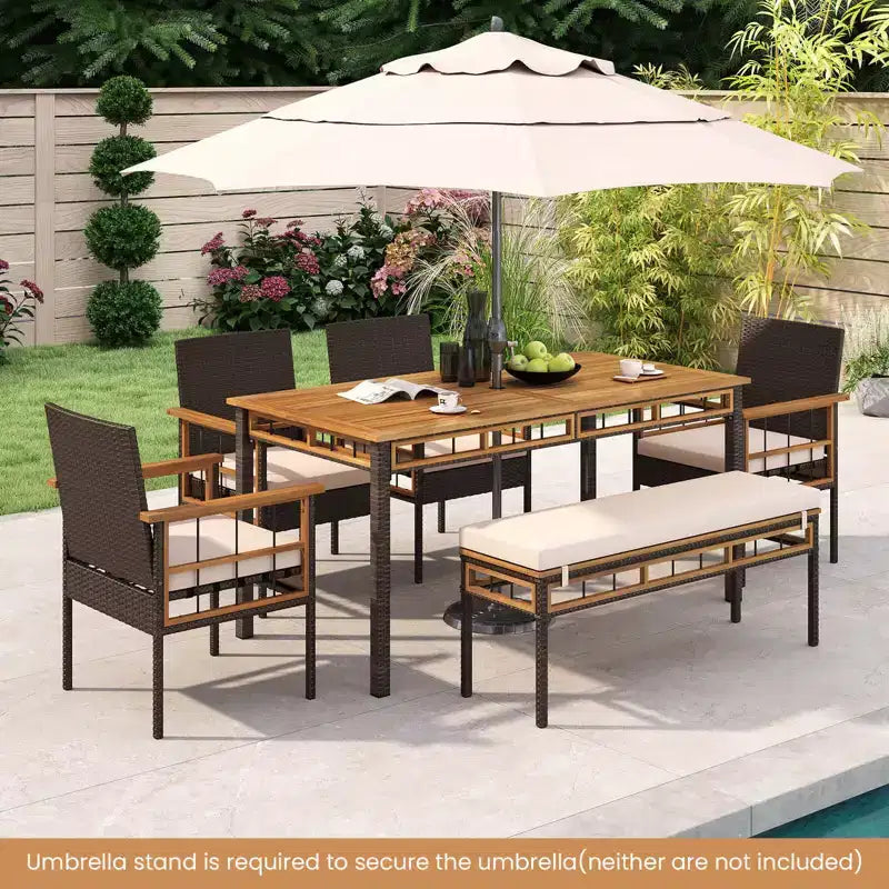 Costway Ensemble de 6 pièces en bois d'acacia : table, banc sans dossier, 4 fauteuils avec trou pour parasol de 5 cm et coussins