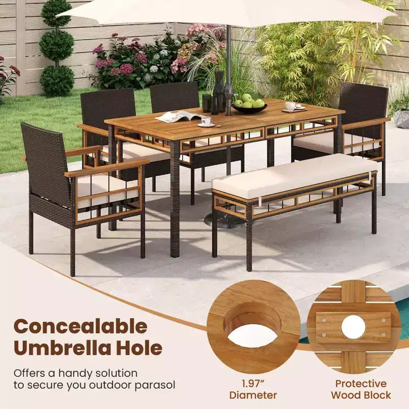 Costway Ensemble de 6 pièces en bois d'acacia : table, banc sans dossier, 4 fauteuils avec trou pour parasol de 5 cm et coussins