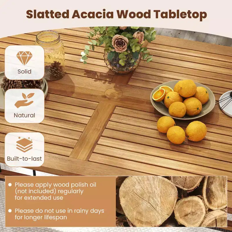 Costway Ensemble de 6 pièces en bois d'acacia : table, banc sans dossier, 4 fauteuils avec trou pour parasol de 5 cm et coussins