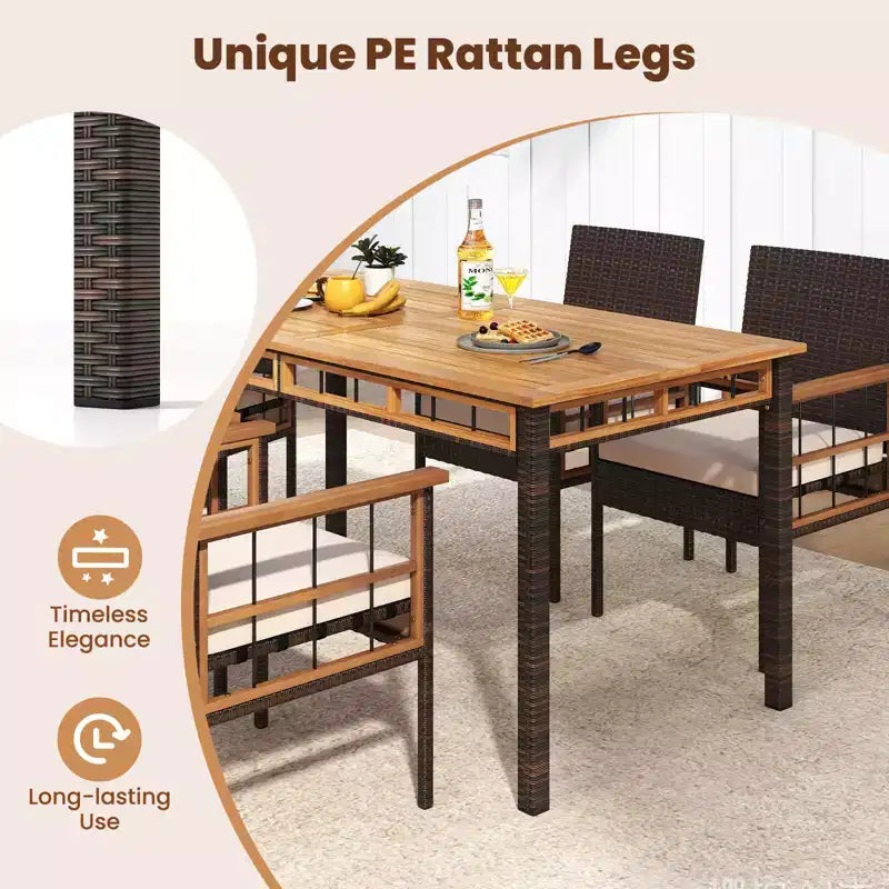 Costway Ensemble de 6 pièces en bois d'acacia : table, banc sans dossier, 4 fauteuils avec trou pour parasol de 5 cm et coussins