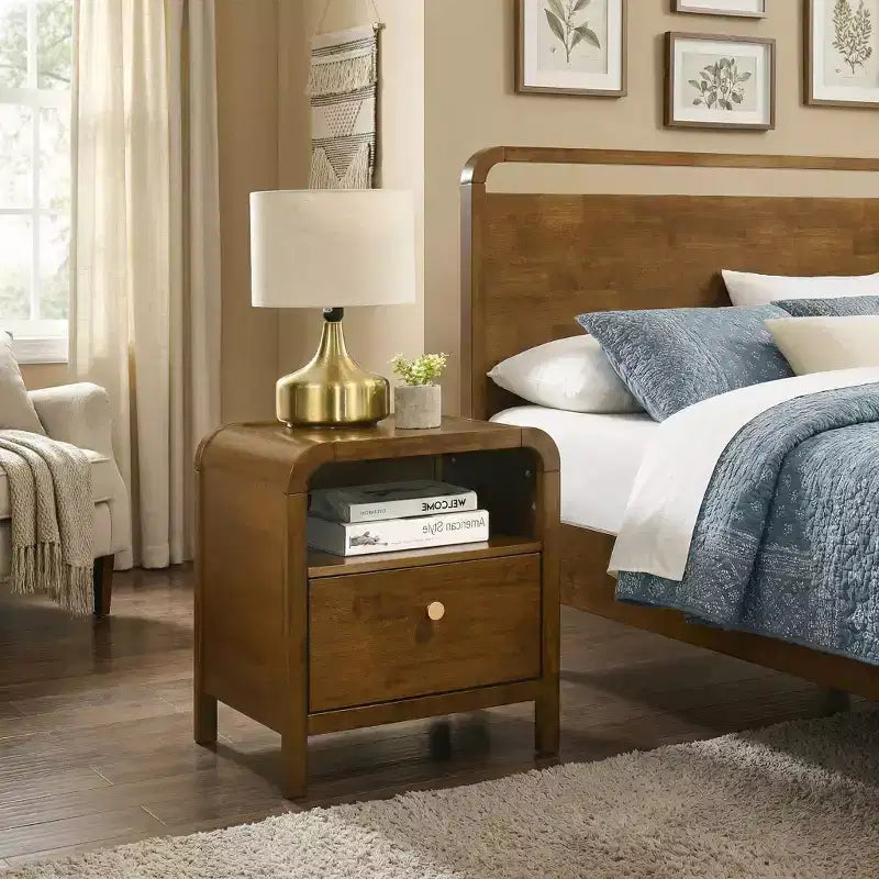 Roundhill Furniture Eldren Wood Nightstand with Solid Rubberwood Frame, Walnut Finish