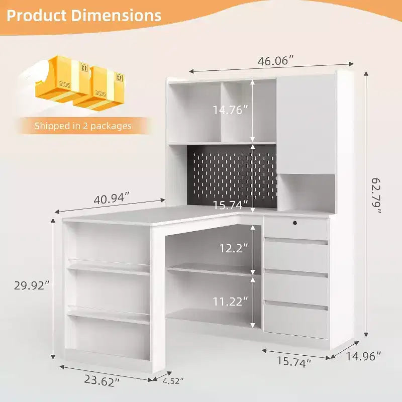 MooxvMoo Left L Shaped Wooden Desk w/ Charging Station, LED Lights, Drawers and Bookshelf, Modern Corner Computer Table for Home Office Gaming, White