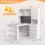 MooxvMoo Left L Shaped Wooden Desk w/ Charging Station, LED Lights, Drawers and Bookshelf, Modern Corner Computer Table for Home Office Gaming, White